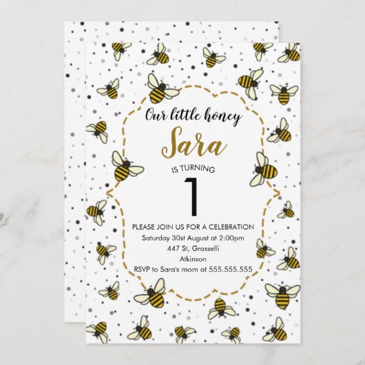 Honey Bee 1. Geburtstag Party Einladung (Vorne/Hinten)