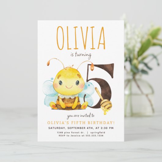 Honey Bee 5. Geburtstag Einladung (Stehend Vorderseite)