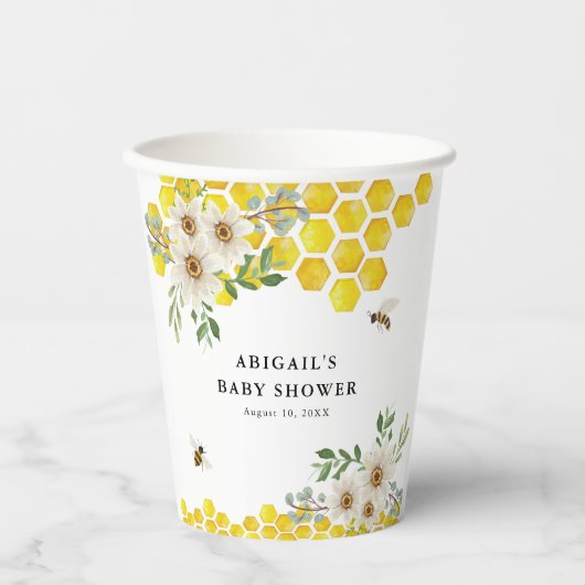 Honey Bee and Daisies Personalisiert Baby Shower Pappbecher (Vorderseite)