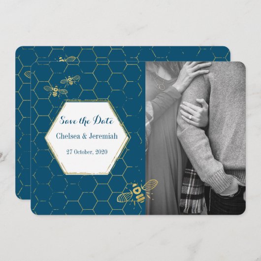 Honey Bee Aquamarin Gold Custom Foto Save the Date Einladung (Vorne/Hinten)