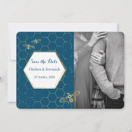 Honey Bee Aquamarin Gold Custom Foto Save the Date Einladung (Vorderseite)
