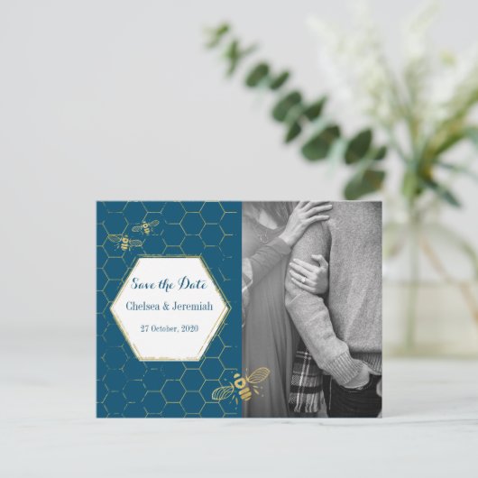 Honey Bee Aquamarin Gold Foto Save the Date Postca Postkarte (Stehend Vorderseite)