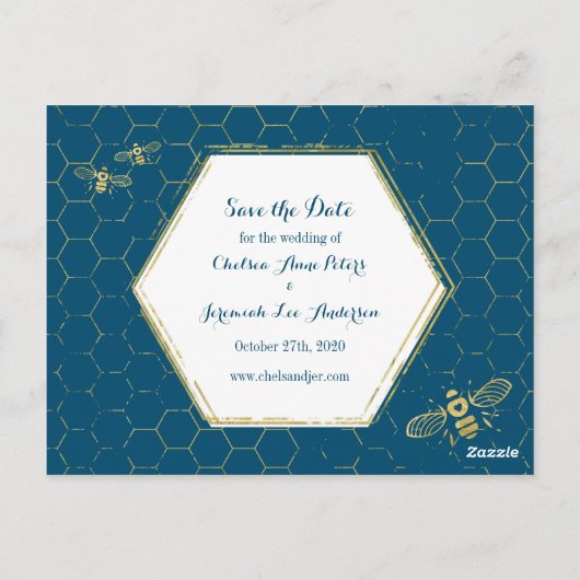 Honey Bee Aquamarin Gold Foto Save the Date Postca Postkarte (Rückseite)