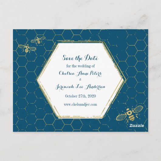 Honey Bee Aquamarin Gold Muster Save the Date Post Postkarte (Rückseite)
