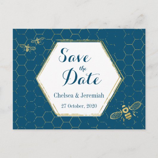 Honey Bee Aquamarin Gold Muster Save the Date Post Postkarte (Vorderseite)