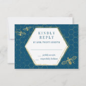 Honey Bee Aquamarin Gold Pattern RSVP Card (Vorderseite)