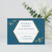 Honey Bee Aquamarin Gold Pattern RSVP Card (Stehend Vorderseite)