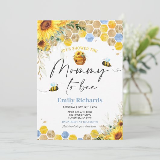Honey Bee Baby Dusche Sonnenblume Mommy zu sein Einladung (Stehend Vorderseite)