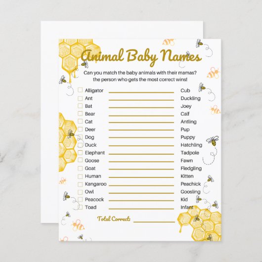 Honey Bee Baby Shower Animal Baby Names Game (Vorne/Hinten)
