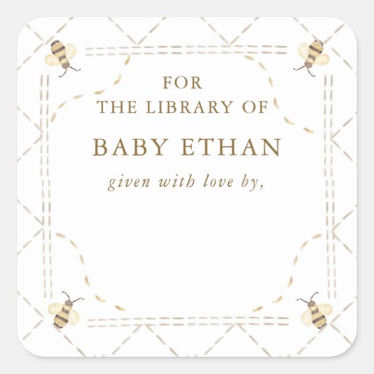 Honey Bee Baby Shower Book Library Quadratischer Aufkleber (Vorderseite)