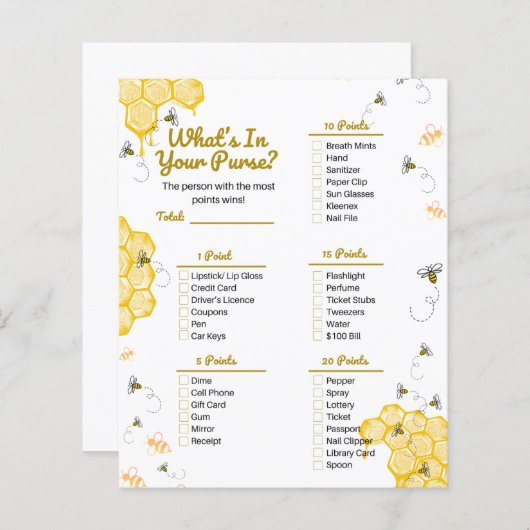Honey Bee Baby Shower Was ist in eurem Purse Game? (Vorne/Hinten)