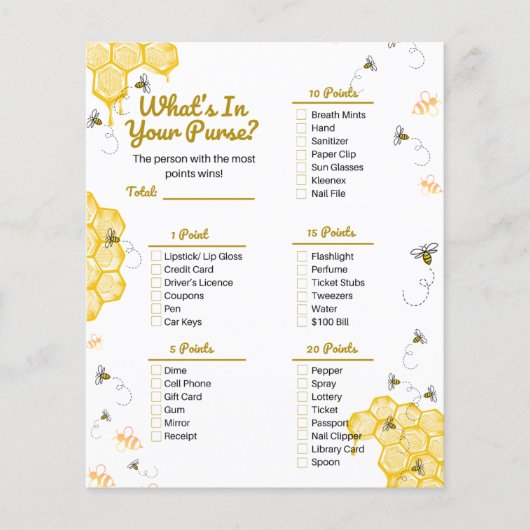 Honey Bee Baby Shower Was ist in eurem Purse Game? (Vorderseite)