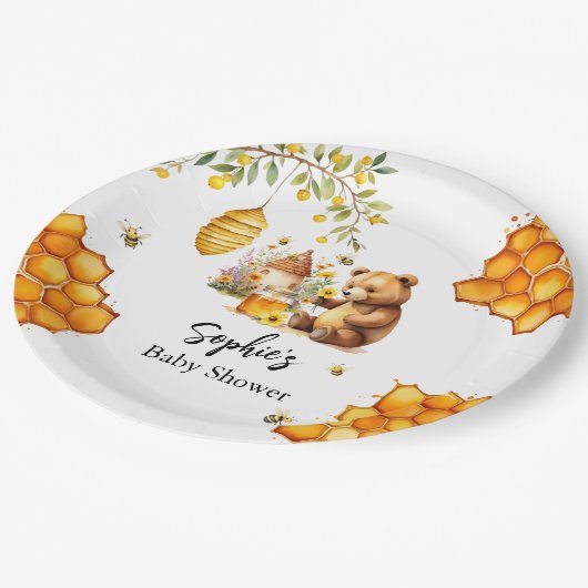 Honey Bee Bear Baby Shower Pappteller (Schrägansicht)