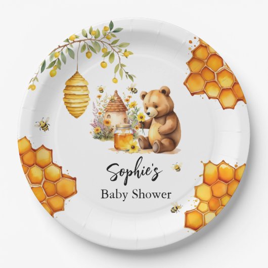 Honey Bee Bear Baby Shower Pappteller (Vorderseite)