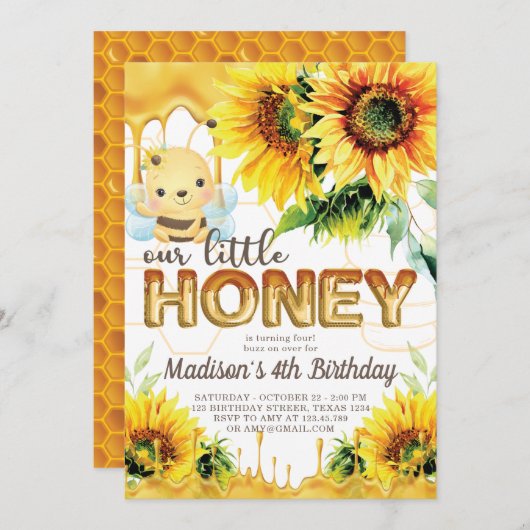 Honey Bee Birthday Sunflower Niedlich Einladung (Vorne/Hinten)