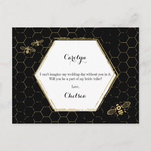 Honey Bee Black Gold Custom Trauzeugin Vorschlag Einladungspostkarte (Rückseite)
