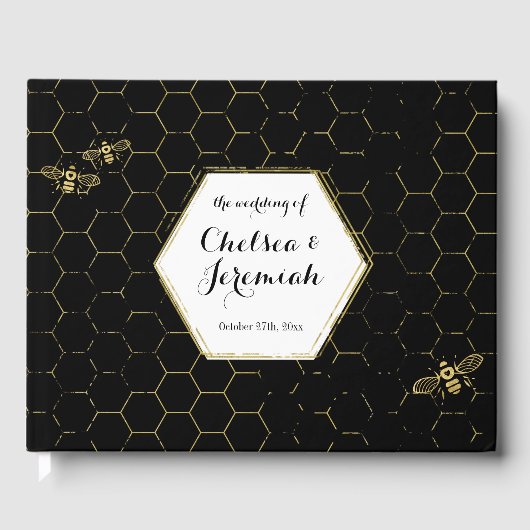 Honey Bee Black Gold Muster Custom Wedding Gästebuch (Vorderseite)