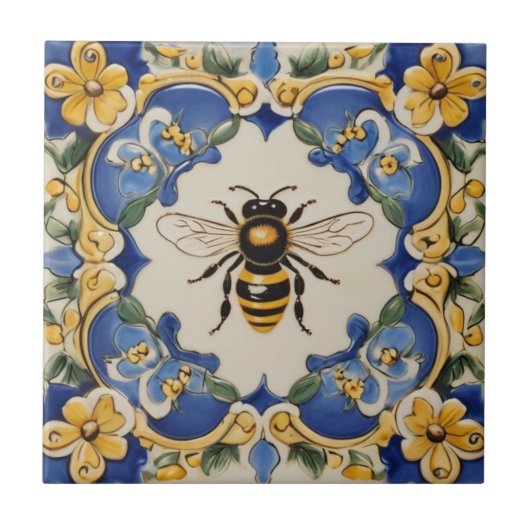 Honey Bee Blue und Gelb Dekorative Verziert Fliese (Vorderseite)