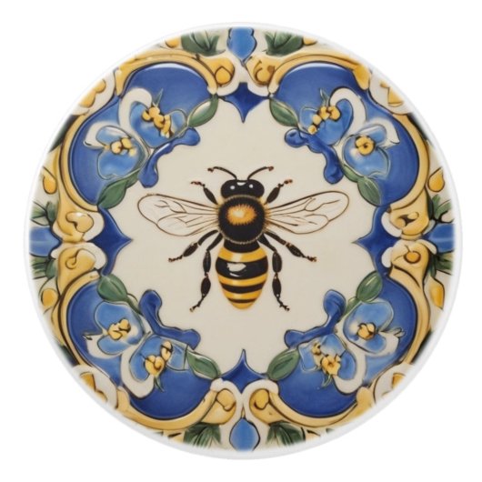 Honey Bee Blue und Gelb Dekorative Verziert Keramikknauf (Vorderseite)