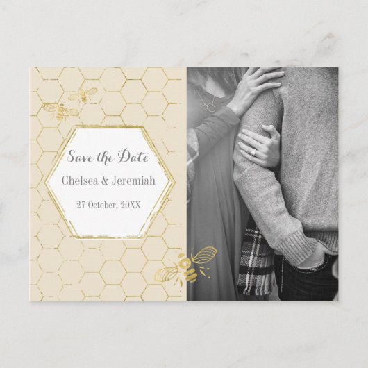 Honey Bee Cream Gold Foto Save the Date Postkarte (Vorderseite)