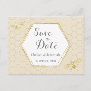 Honey Bee Cream Gold Muster Save the Date Postkarte