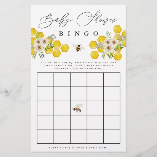 Honey Bee & Daisy Baby Bingo Paper Bingo Card Flyer (Vorne)