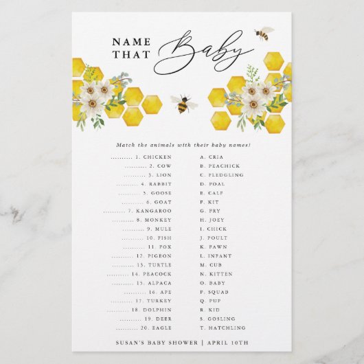 Honey Bee & Daisy Name the Baby Paper Game Card Flyer (Vorne)