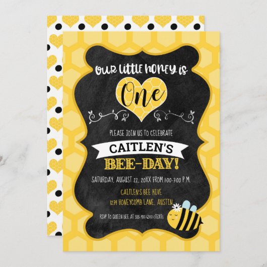 Honey Bee Day First Birthday Chalkboard Bumblebee Einladung (Vorne/Hinten)