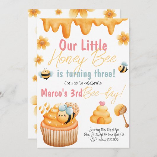 Honey Bee First Bee Day Girl Birthday Einladung (Vorne/Hinten)