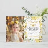 Honey Bee Floral First Bee Day Birthday Photo Dankeskarte (Stehend Vorderseite)