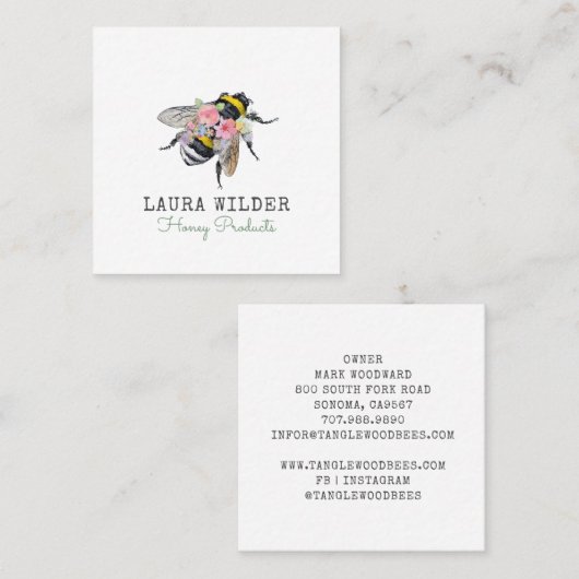 Honey Bee Floral Square Business Card Quadratische Visitenkarte (Vorne/Hinten)