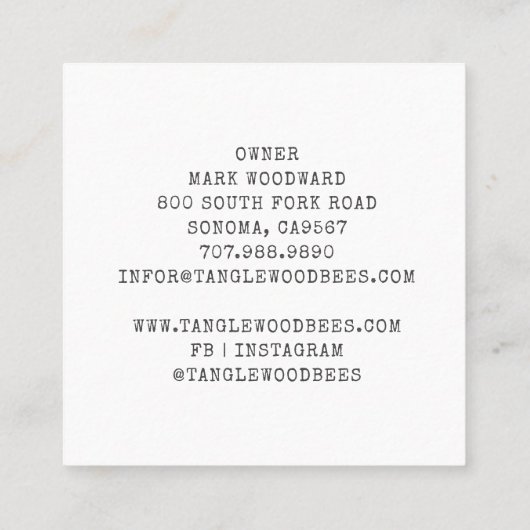 Honey Bee Floral Square Business Card Quadratische Visitenkarte (Rückseite)