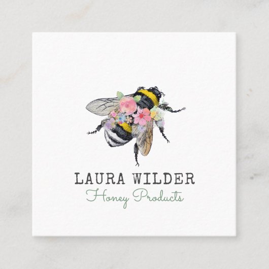 Honey Bee Floral Square Business Card Quadratische Visitenkarte (Vorderseite)