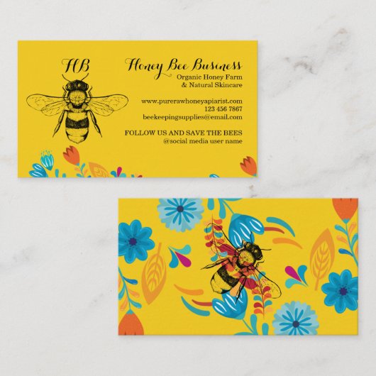 Honey Bee Handgezeichnete Blume gelb Visitenkarte (Vorne/Hinten)
