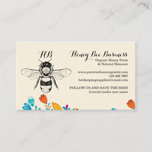 Honey Bee Handgezeichnete Blume Visitenkarte (Vorderseite)