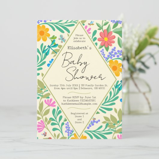 Honey Bee, Ladybug, Butterfly, Dragonfly & Blume Einladung (Stehend Vorderseite)