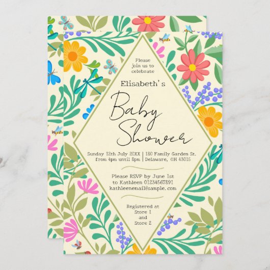 Honey Bee, Ladybug, Butterfly, Dragonfly & Blume Einladung (Vorne/Hinten)