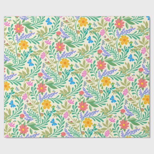 Honey Bee, Ladybug, Butterfly, Dragonfly & Blume Geschenkpapier (Flach)