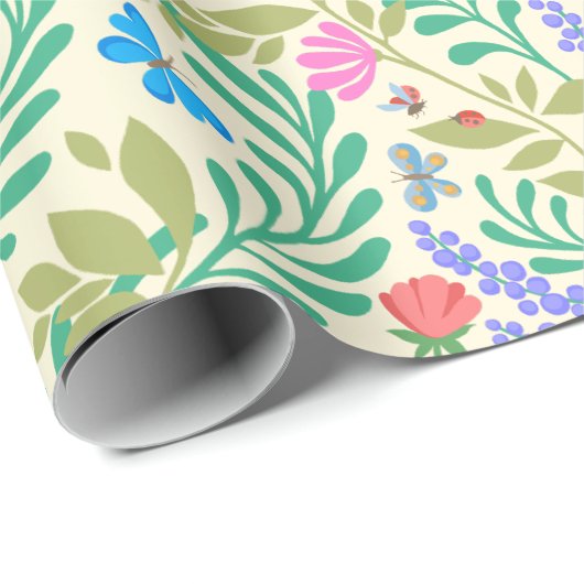 Honey Bee, Ladybug, Butterfly, Dragonfly & Blume Geschenkpapier (Rolleneckpunkt)