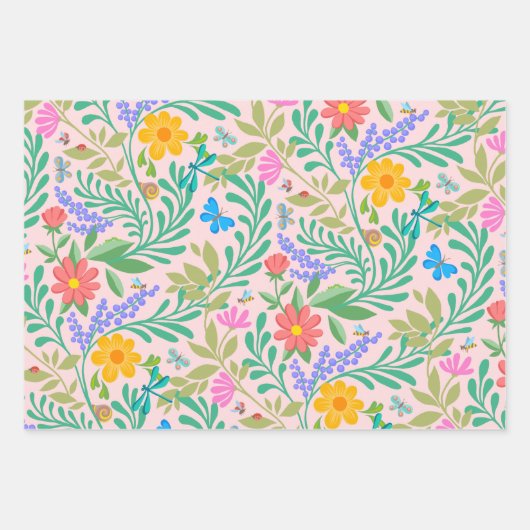 Honey Bee, Ladybug, Butterfly, Dragonfly & Blume Geschenkpapier Set (Vorderseite 2)