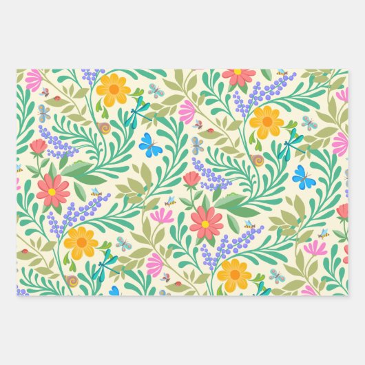 Honey Bee, Ladybug, Butterfly, Dragonfly & Blume Geschenkpapier Set (Vorderseite)