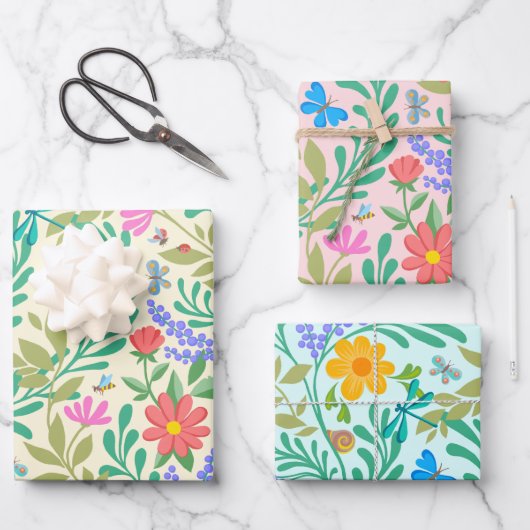 Honey Bee, Ladybug, Butterfly, Dragonfly & Blume Geschenkpapier Set (Vorderseite)