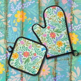 Honey Bee, Ladybug, Butterfly, Dragonfly & Blume Ofenhandschuh & Topflappen-Set