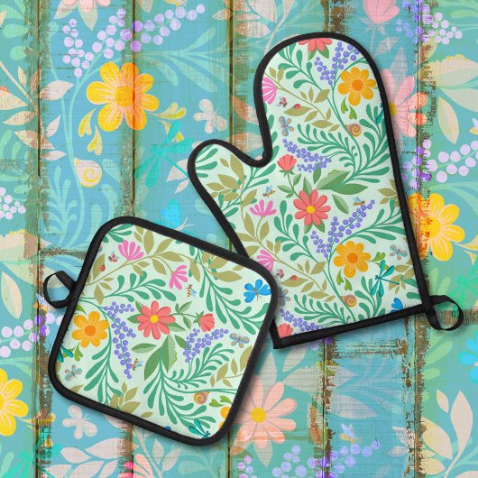 Honey Bee, Ladybug, Butterfly, Dragonfly & Blume Ofenhandschuh & Topflappen-Set