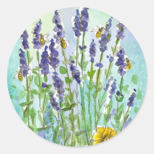 Honey Bee Lavender Herb Watercolor Blume Runder Aufkleber (Vorderseite)