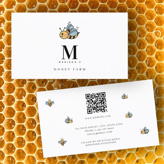 Honey Bee Luxury Monogram Minimalistisch QR Code Visitenkarte