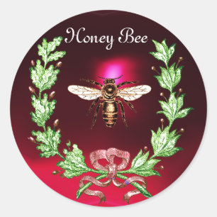HONEY BEE, MIT OAK-BLÄTTER UND ROTEM RIBBON GESETZ RUNDER AUFKLEBER