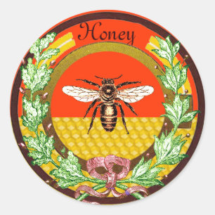 HONEY BEE, MIT OAK-BLÄTTER UND ROTEM RIBBON GESETZ RUNDER AUFKLEBER