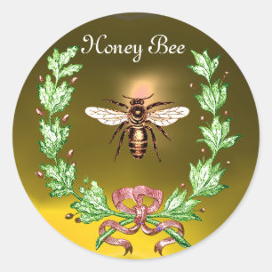 HONEY BEE, MIT OAK-BLÄTTER UND ROTEM RIBBON GESETZ RUNDER AUFKLEBER
