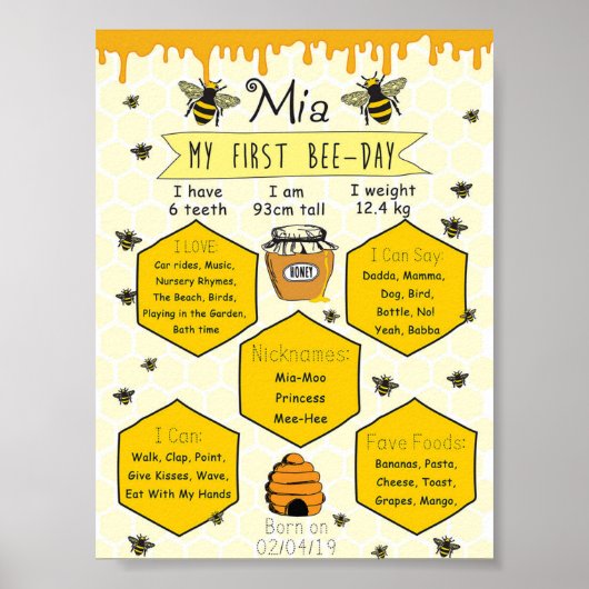 Honey Bee Party Meilenstein 1. Bee-Day Poster (Vorne)
